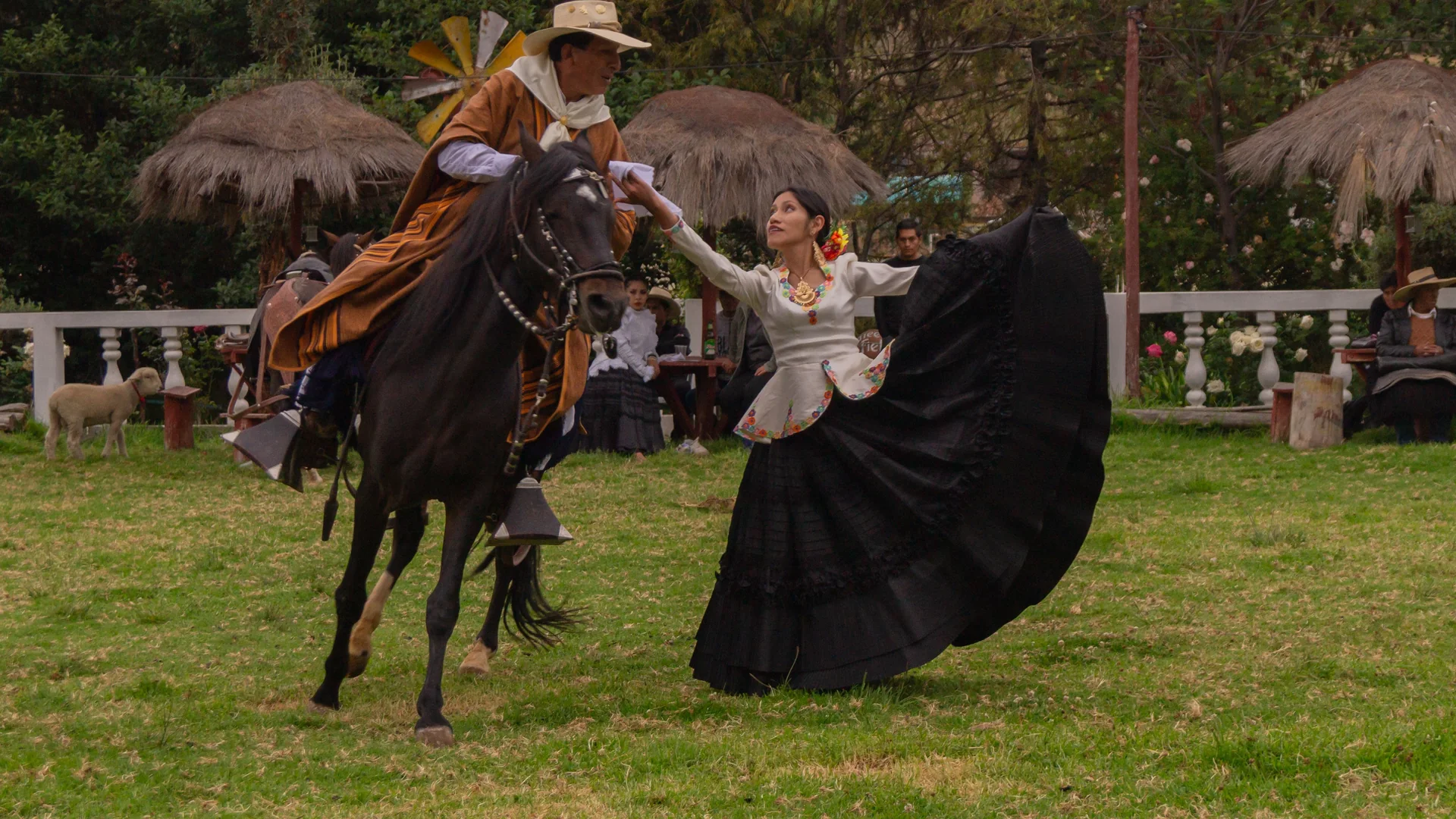 A chalan on a Peruvian Paso horse extending a hand to a dancer mid-marinera, her black skirt swirled fully open, at a hacienda show ground